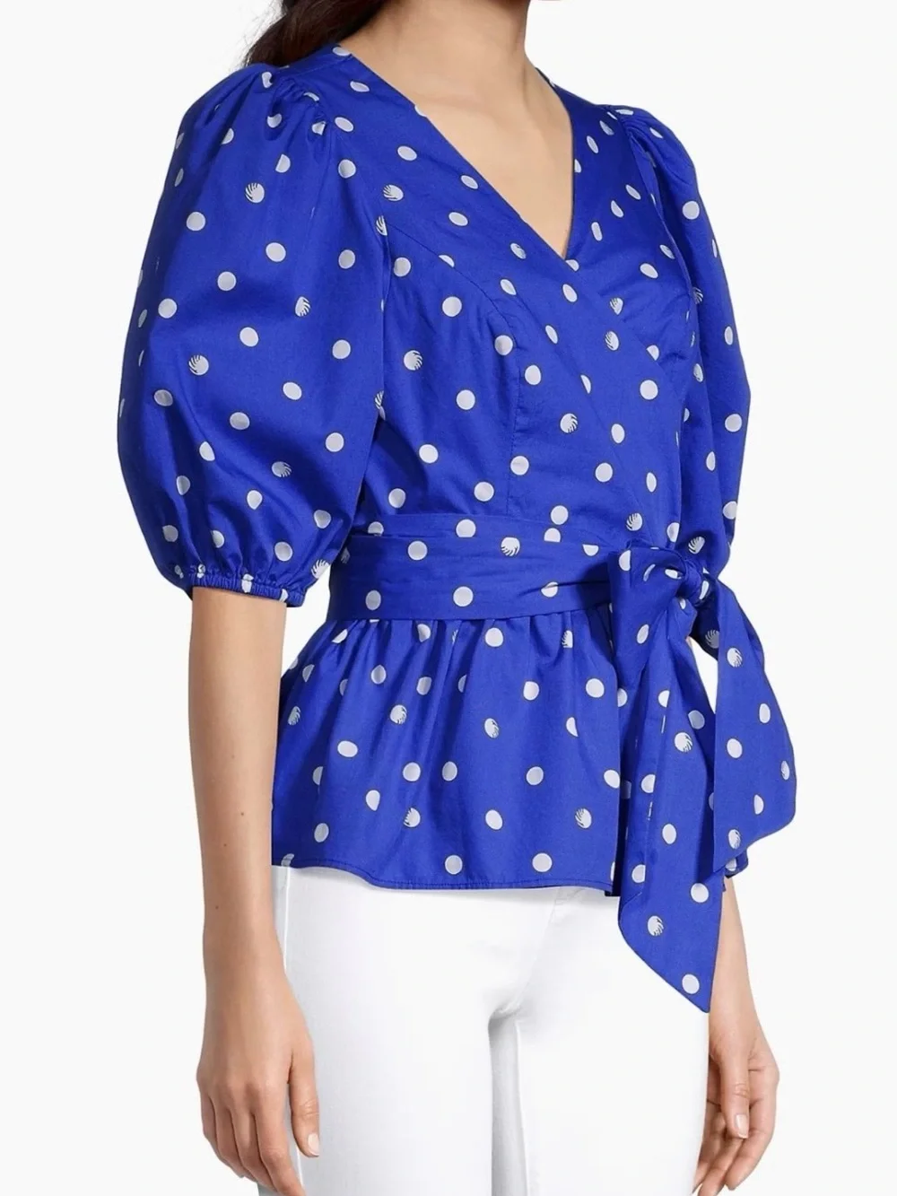 Lilly Pulitzer Royal Blue and White Polka Dot Tie-Waist Puff Sleeve Blouse